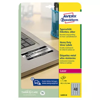 Avery Zweckform etikete 45,7 mm x 21,2 mm, A4, srebrne, 48 etiket, zelo trpežne, pakirane po 20 kosov, L6009-20, za laserske tiskalnike Avery Zweckform etikete 45,7 mm x 21,2 mm, A4, srebrne, 48 etiket, zelo trpežne, pakirane po 20 kosov, L6009-20, za laserske tiskalnike
