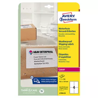 Avery Zweckform etikete 99,1 mm x 139 mm, A4, bele barve, 1 etiketa, vodoodporna, pakiranje 25 kosov, L7994-25, za laserske tiskalnike