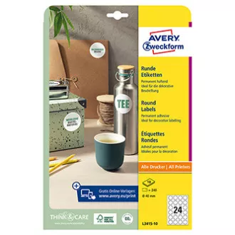 Avery Zweckform etikete 40 mm, A4, bele, 24 etiket, pakiranje po 10, L3415-10, za laserske in brizgalne tiskalnike, kopirne stroje Avery Zweckform etikete 40 mm, A4, bele, 24 etiket, pakiranje po 10, L3415-10, za laserske in brizgalne tiskalnike, kopirne stroje