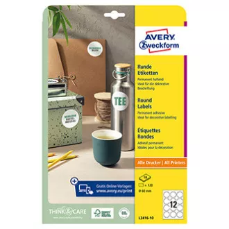 Avery Zweckform etikete 60 mm, A4, bele, 12 etiket, pakiranje po 10, L3416-10, za laserske in brizgalne tiskalnike, kopirne stroje