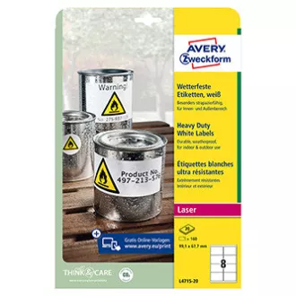 Avery Zweckform etikete 99,1 mm x 67,7 mm, A4, mat, bele, 8 etiket, zelo trpežne, pakiranje po 20, L4715-20, za laserske tiskalnike