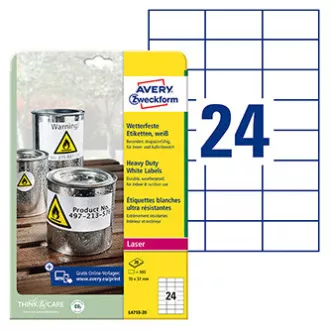 Avery Zweckform etikete 70 mm x 37 mm, A4, mat, bele, 24 etiket, zelo trpežne, pakiranje po 20, L4718-20, za laserske tiskalnike Avery Zweckform etikete 70 mm x 37 mm, A4, mat, bele, 24 etiket, zelo trpežne, pakiranje po 20, L4718-20, za laserske tiskalnike