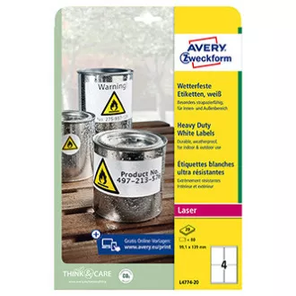 Avery Zweckform etikete 99,1 mm x 139 mm, A4, mat, bele, 4 etikete, zelo trpežne, pakiranje po 20, L4774-20, za laserske tiskalnike Avery Zweckform etikete 99,1 mm x 139 mm, A4, mat, bele, 4 etikete, zelo trpežne, pakiranje po 20, L4774-20, za laserske tiskalnike