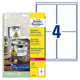 Avery Zweckform etikete 99,1 mm x 139 mm, A4, mat, bele, 4 etikete, zelo trpežne, pakiranje po 20, L4774-20, za laserske tiskalnike Avery Zweckform etikete 99,1 mm x 139 mm, A4, mat, bele, 4 etikete, zelo trpežne, pakiranje po 20, L4774-20, za laserske tiskalnike