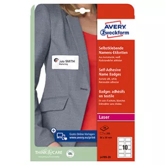 Avery Zweckform nalepke z imenom, 80 mm x 50 mm, A4, bele, 10 nalepk, samolepilne, pakiranje 20, L4785-20, za laserske tiskalnike