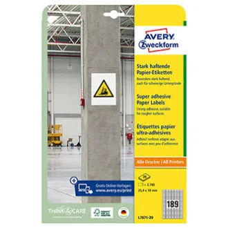 Avery Zweckform etikete 25,4 mm x 10 mm, A4, bele barve, 189 etiket, visoko samolepilne, pakiranje 20 kosov, L7871-20, za laserske in atrijske naprave Avery Zweckform etikete 25,4 mm x 10 mm, A4, bele barve, 189 etiket, visoko samolepilne, pakiranje 20 kosov, L7871-20, za laserske in atrijske naprave