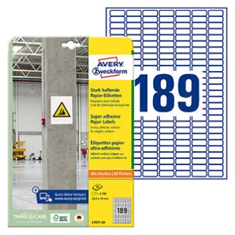Avery Zweckform etikete 25,4 mm x 10 mm, A4, bele barve, 189 etiket, visoko samolepilne, pakiranje 20 kosov, L7871-20, za laserske in atrijske naprave Avery Zweckform etikete 25,4 mm x 10 mm, A4, bele barve, 189 etiket, visoko samolepilne, pakiranje 20 kosov, L7871-20, za laserske in atrijske naprave