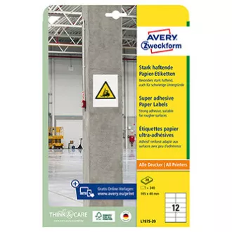 Avery Zweckform etikete 105 mm x 48 mm, A4, bele, 12 etiket, visoko lepljive, pakiranje po 20, L7875-20, za laser in atram