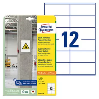 Avery Zweckform etikete 105 mm x 48 mm, A4, bele, 12 etiket, visoko lepljive, pakiranje po 20, L7875-20, za laser in atram