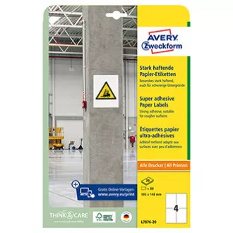 Avery Zweckform etikete 105 mm x 148 mm, A4, bele, 4 etikete, visoko samolepilne, pakiranje 20 kosov, L7876-20, za laserske in atramske naprave