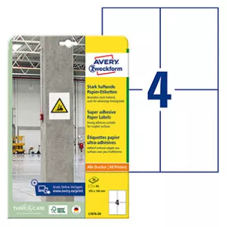 Avery Zweckform etikete 105 mm x 148 mm, A4, bele, 4 etikete, visoko samolepilne, pakiranje 20 kosov, L7876-20, za laserske in atramske naprave
