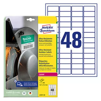 Avery Zweckform etikete 45,7 mm x 21,2 mm, A4, bele barve, 48 etiket, zelo trpežne, pakirane po 10 kosov, L7911-10, za laserske tiskalnike in