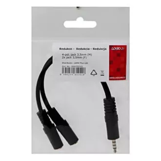 Zvočna redukcija, Jack (3,5 mm) moški 4-polni - 2x Jack (3,5 mm) ženski, 0,2 m, stereo, črna, logotip