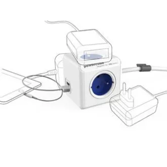 Napajalni kabel 230V podaljšek, CEE7 (vilice) - POWERCUBE, 1,5 m, EXTENDED USB, modri, POWERCUBE, 4 vtičnice, 2xUSB vhod, zaščiten pred otroki
