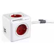 Napajalni kabel 230V podaljšek, CEE7 (vilice) - POWERCUBE, 1,5m, EXTENDED USB, rdeča, POWERCUBE, 4 vtičnice, 2xUSB vrata, otroški p