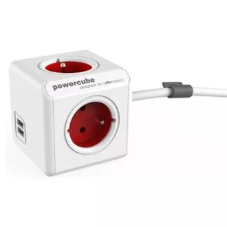Napajalni kabel 230V podaljšek, CEE7 (vilice) - POWERCUBE, 1,5m, EXTENDED USB, rdeča, POWERCUBE, 4 vtičnice, 2xUSB vrata, otroški p