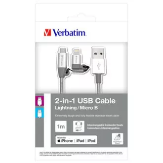 Verbatim USB kabel (2.0), USB A moški - microUSB moški   Apple Lightning moški, 1 m, srebrn, škatla, 48869, 2 v 1 - nastavljiv