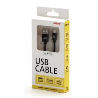 Logo Kabel USB (2.0), USB A moški - microUSB moški, 1 m, 480 Mb/s, 5V/2A, črn, škatla, najlonski oplet, aluminijast pokrov priključka