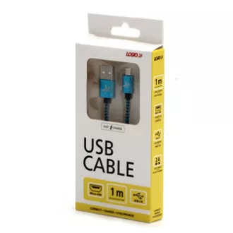 Logo Kabel USB (2.0), USB A moški - microUSB moški, 1 m, 480 Mb/s, 5V/2A, modri, škatla, najlonski oplet, aluminijast pokrov priključka