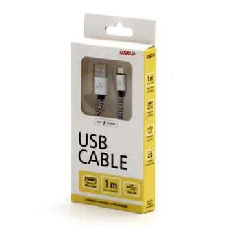 Logo Kabel USB (2.0), USB A moški - microUSB moški, 1 m, 480 Mb/s, 5V/2A, srebrn, škatla, najlonski oplet, aluminijast zaključek