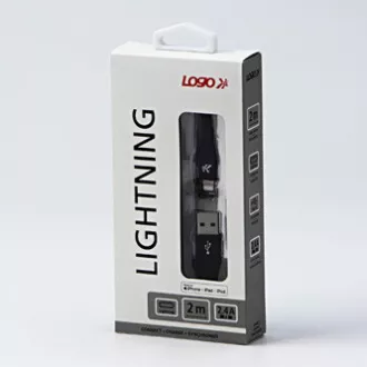 Logo Kabel USB (2.0), USB A moški - Apple Lightning moški, 2 m, certifikat MFi, 5 V/2,4 A, črn, škatla, najlonski oplet, aluminij