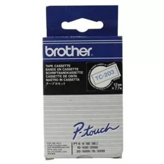 Brotherjev originalni trak za tiskanje nalepk, Brother, TC-203, modri tisk/bela podlaga, laminiran, 7,7 m, 12 mm