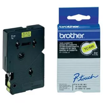 Brother originalen trak za tiskanje etiket, Brother, TC-691, črn tisk/rumena podlaga, laminiran, 7,7 m, 9 mm