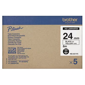 Brother originalen trak za tiskanje etiket, Brother, HGE-651, črn tisk/rumena podlaga, 8 m, 24 mm, 5 kosov v paketu, cena za paket