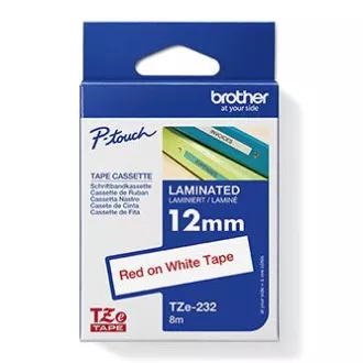 Brother originalen trak za tiskanje etiket, Brother, TZE-232, rdeč tisk/bela podlaga, laminiran, 8 m, 12 mm