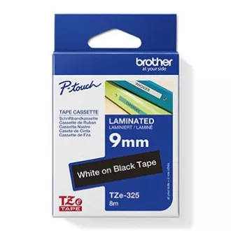 Brother originalen trak za tiskanje etiket, Brother, TZE-325, bel tisk/črna podlaga, laminiran, 8 m, 9 mm