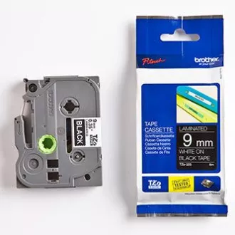 Brother originalen trak za tiskanje etiket, Brother, TZE-325, bel tisk/črna podlaga, laminiran, 8 m, 9 mm