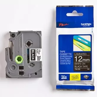 Brotherjev originalni trak za tiskanje etiket, Brother, TZE-335, bel tisk/črna podlaga, laminiran, 8 m, 12 mm
