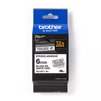 Brotherjev originalni trak za tiskanje etiket, Brother, TZE-S211, črn tisk/bela podlaga, laminiran, 8 m, 6 mm, izjemno lepljiv