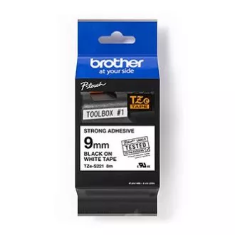 Brotherjev originalni trak za tiskanje etiket, Brother, TZE-S221, črn tisk/bela podlaga, laminiran, 8 m, 9 mm, izjemno lepljiv
