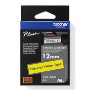 Brotherjev originalni trak za tiskanje etiket, Brother, TZE-S631, črn tisk/rumena podlaga, laminiran, 8 m, 12 mm, izjemno lepljiv