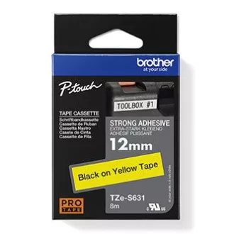 Brotherjev originalni trak za tiskanje etiket, Brother, TZE-S631, črn tisk/rumena podlaga, laminiran, 8 m, 12 mm, izjemno lepljiv