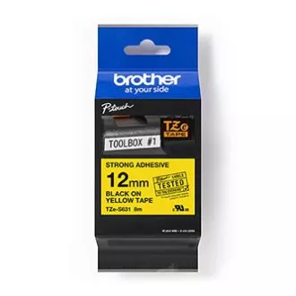 Brotherjev originalni trak za tiskanje etiket, Brother, TZE-S631, črn tisk/rumena podlaga, laminiran, 8 m, 12 mm, izjemno lepljiv