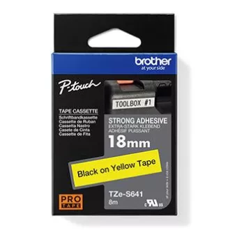 Brotherjev originalni trak za tiskanje etiket, Brother, TZE-S641, črn tisk/rumena podlaga, laminiran, 8 m, 18 mm, izjemno lepljiv