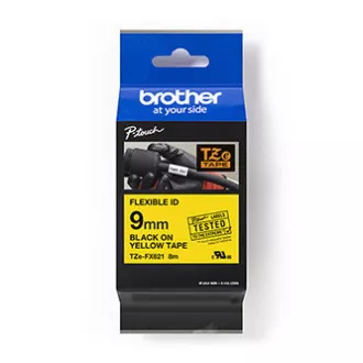 Brother originalen trak za tiskanje etiket, Brother, TZEFX621, črn tisk/rumena podlaga, laminiran, 8 m, 9 mm, upogljiv