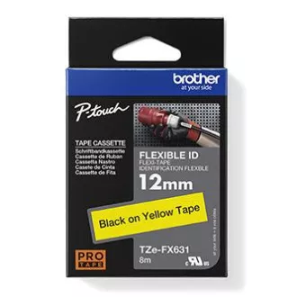 Brotherjev originalni trak za tiskanje etiket, Brother, TZE-FX631, črn tisk/rumena podlaga, laminiran, 8 m, 12 mm, upogljiv