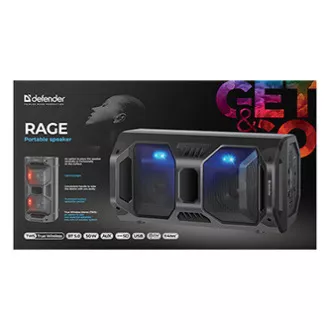 Defender Speaker Rage, Li-Ion, 2.0, 50 W, črn, nadzor glasnosti, osvetlitev LED, BT 5.0, TWS, daljinski upravljalnik, 45 Hz