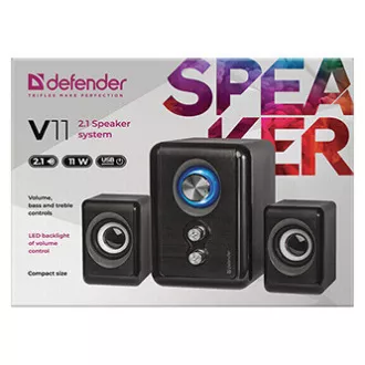 Defender zvočniki V11, 2.1, 11 W, črni, nadzor glasnosti, gumb za vklop, nastavitev nizkih in visokih tonov, 40 Hz ~ 18 kHz
