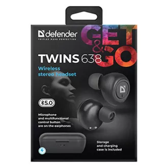 Defender Twins 638 slušalke z mikrofonom, brezžične, črne, slušalke, BT 5.0, TWS, bluetooth polnilno ohišje, PRODAJA