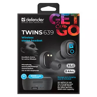 Defender Twins 639 slušalke z mikrofonom, brezžične, črne, slušalke, BT 5.0, TWS, polnilno ohišje z powerbankom tip bluetooth,