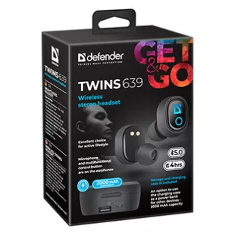 Defender Twins 639 slušalke z mikrofonom, brezžične, črne, slušalke, BT 5.0, TWS, polnilno ohišje z powerbankom tip bluetooth,
