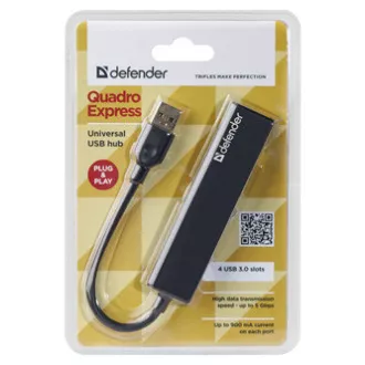 USB (3.0) HUB 4-portni, Quadro Express, črn, Defender, kompakten.