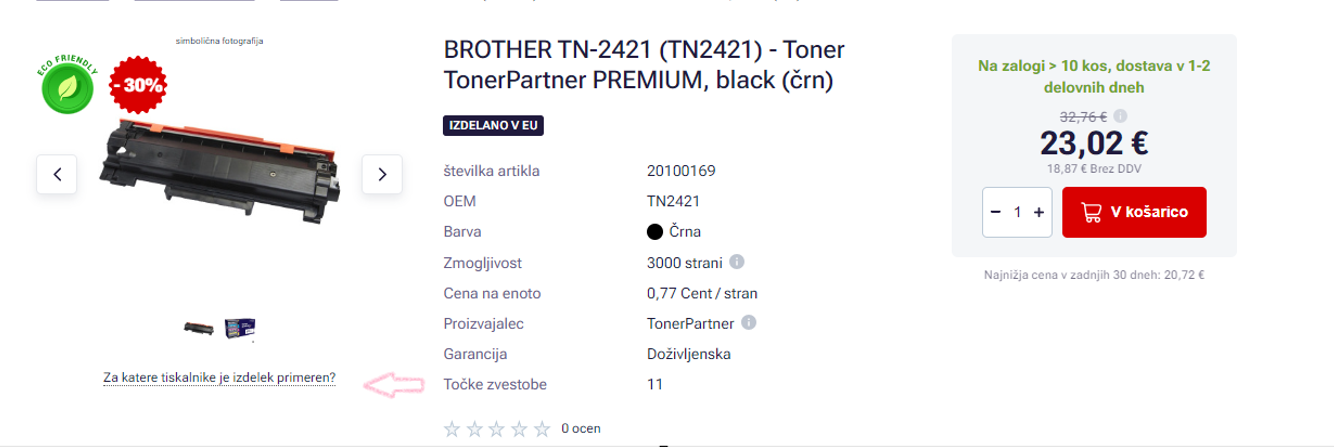 Posnetek zaslona podrobnosti o kartuši s spletnega mesta TonerPartner.cz s puščico, ki kaže na informacije o združljivosti dane kartuše.